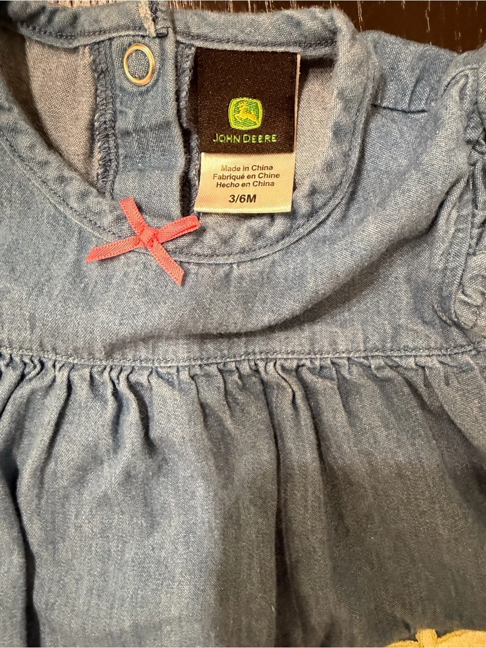 John Deere Light Blue Denim-Look Baby Dress with Pink Bow